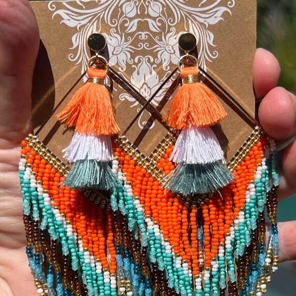 Handmade Beaded Long Tassel Fringe Dangle Drop Bohemian Post Diamond Earrings - Picture 4 of 8
